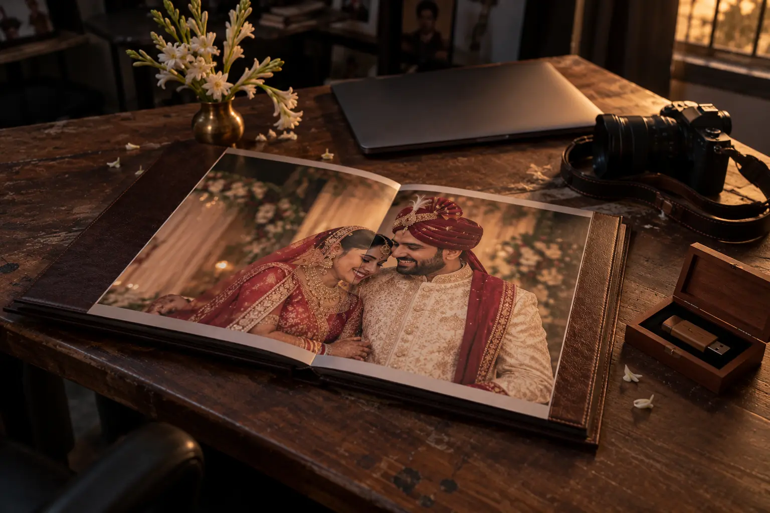 A leather wedding album open on a desk next to a pen-drive gift box