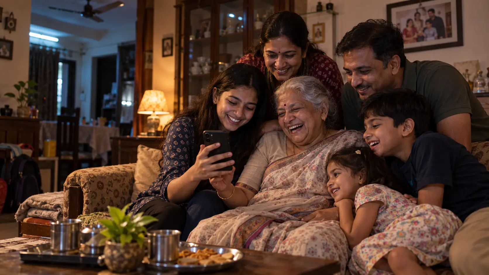 A family at home looking at wedding photos together on a phone