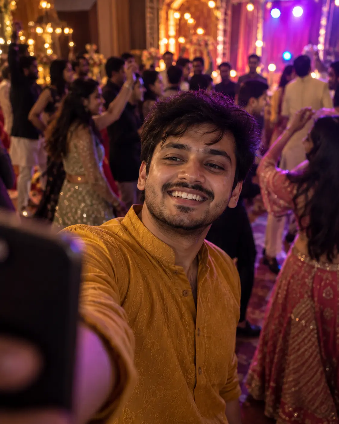 A guest taking a selfie at a sangeet night