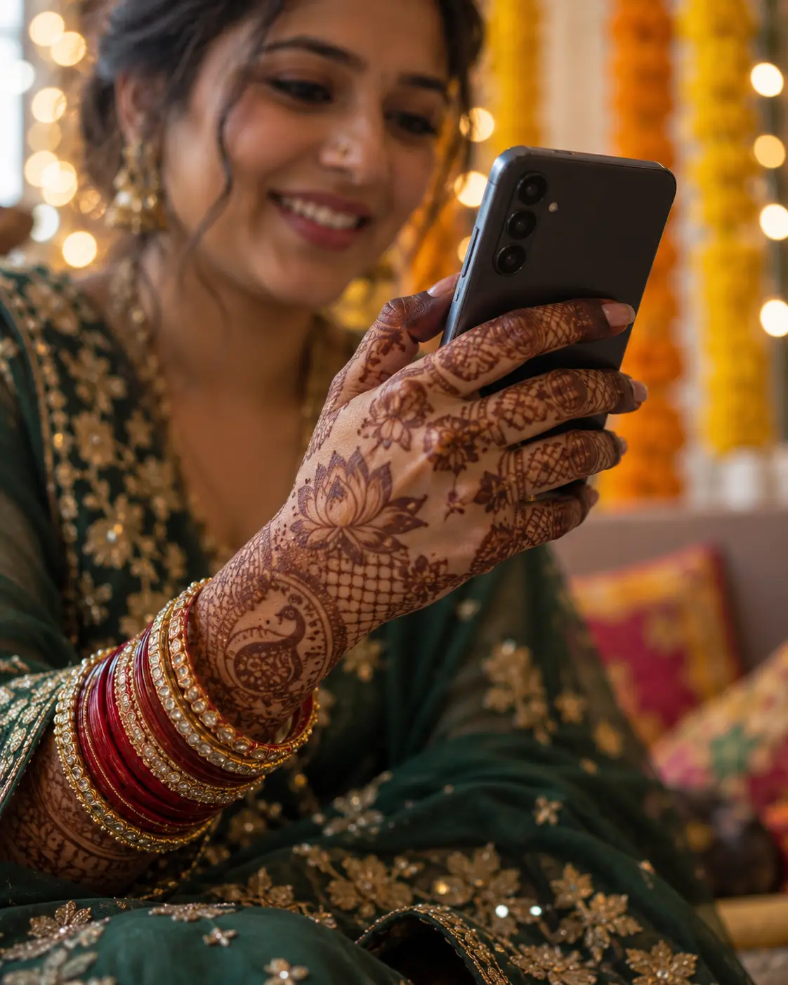 A bride with fresh mehendi on her hands looking at her phone