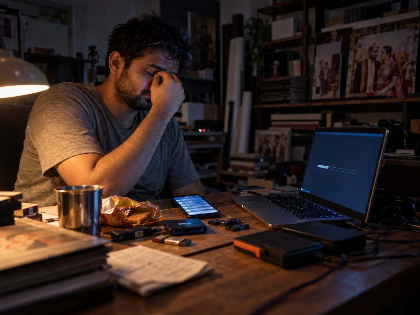 A tired photographer at his desk late at night, his phone full of messages, pen drives and hard disks around him