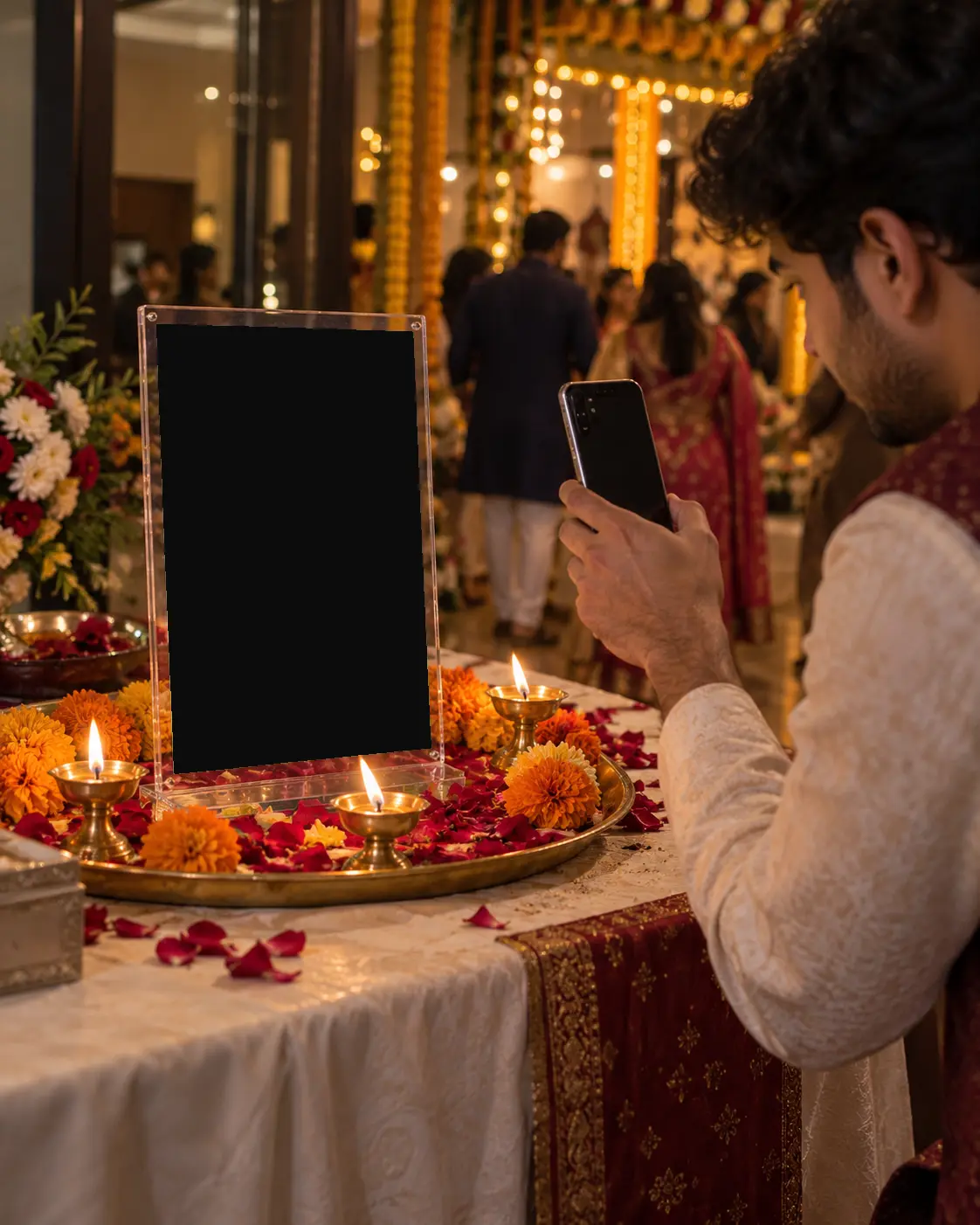 A guest scanning the studio's QR standee on the welcome table at a reception