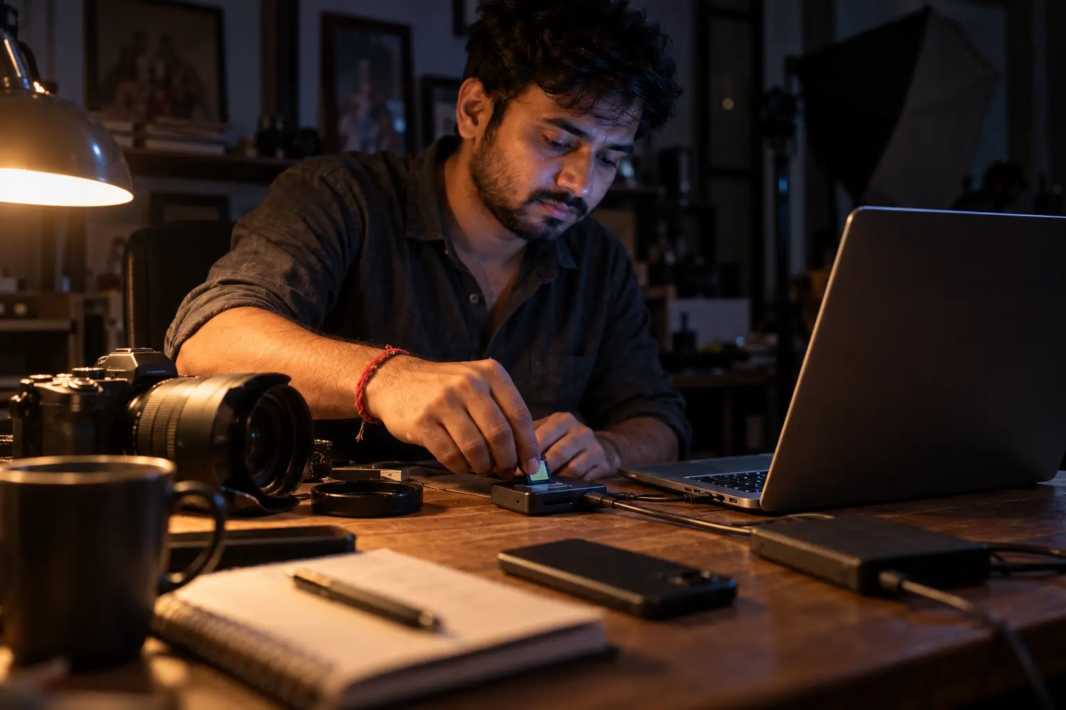 A photographer copying a wedding shoot from an SD card to his laptop